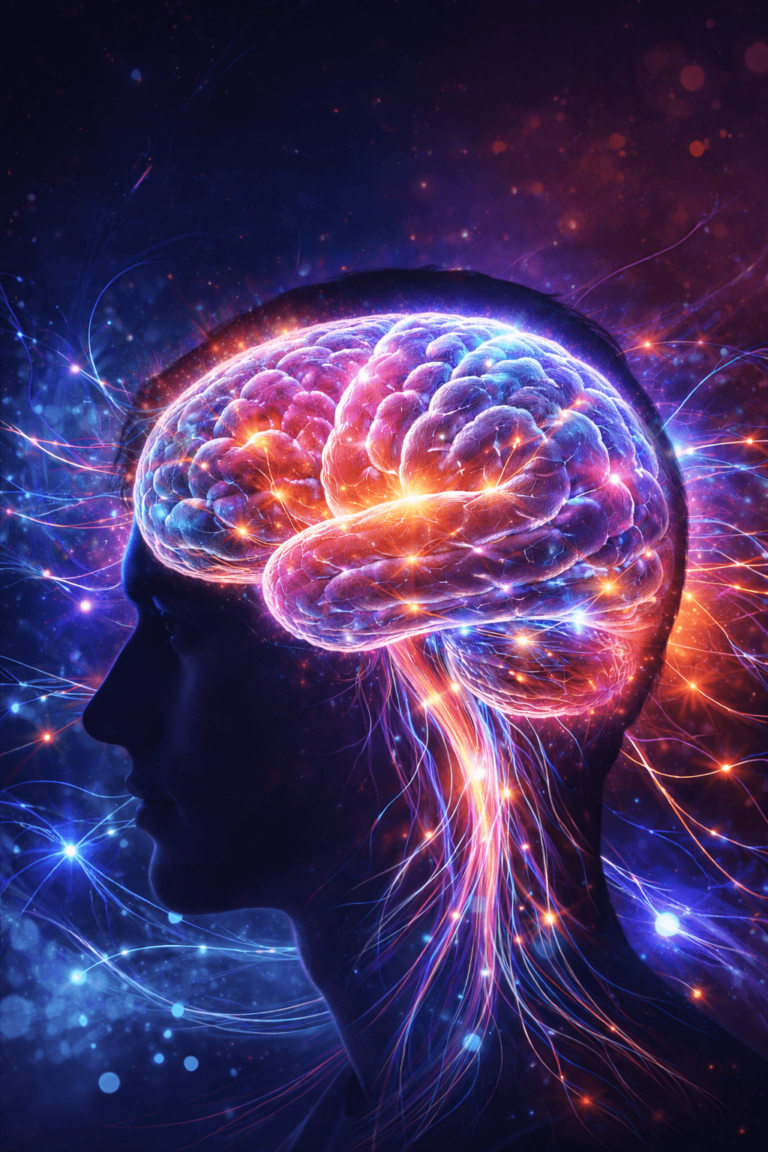 Cerveau lumineux illustrant la neuroplasticité et les TCA, symbole de transformation neuronale